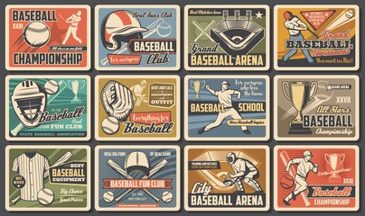 Baseball player and batter with bat, ball at arena. Baseball and softball sport tournament and equipment. Vintage retro sport posters, fan club and championship, cup match - obrazy, fototapety, plakaty