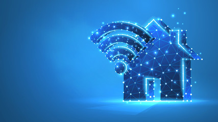 Home with Wi-fi sign. Wireless Network and Wi-fi zone concept. Low poly, wireframe 3d vector illustration. Abstract polygonal img on blue neon background - obrazy, fototapety, plakaty