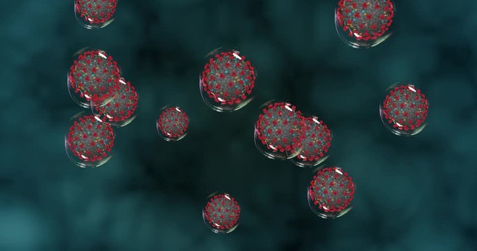 Coronavirus cells on blue background . Small droplets with Covid-19 spread pathogens. 3D rendering loop 4k