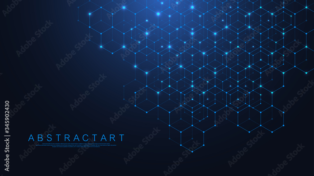 Aufkleber Hexagons abstract grid background with connected lines and dots. Hex digital pattern with subtle polygons. Linear geometric texture. Hexagonal vector illustration.