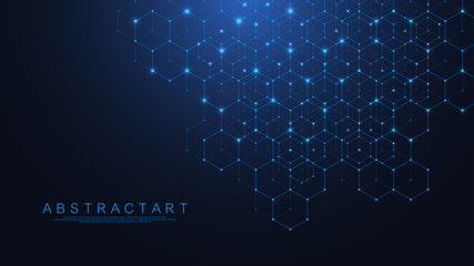 Hexagons abstract grid background with connected lines and dots. Hex digital pattern with subtle polygons. Linear geometric texture. Hexagonal vector illustration.