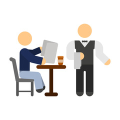 A simple image of a man sitting at a table with a cup of coffee, who is reading a magazine and a waiter near him. Isolated vector illustration on a white background.