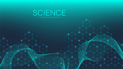 Scientific molecule background for medicine, science, technology, chemistry. Science template wallpaper or banner with a DNA molecules. Dynamic wave flow DNA. Molecular vector illustration.