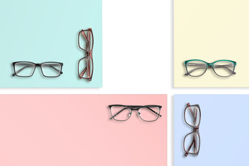 Composition of many different classic style glasses on square stands of different colors.