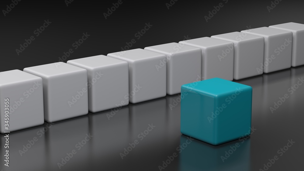 Poster blue cube in front of a white series of cubes - 3d rendering illustration