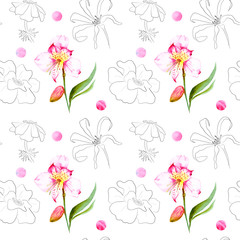 watercolor drawing of exotic flowers with contour - seamless pattern