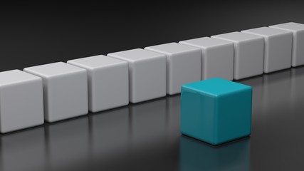 Blue cube in front of a white series of cubes - 3D rendering illustration