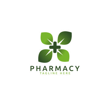 pharmacy logo vector graphic with cross and leaves image for any business especially for healthcare and medical.