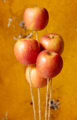 Apples on threads against yellow background