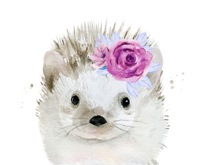 Hedgehog with flowers on the head. Watercolour illustration isolated on white background.