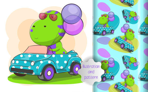 Illustration of cute dino ride a car and pattern