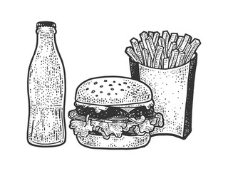 Fastfood burger drink French fries sketch engraving vector illustration. T-shirt apparel print design. Scratch board imitation. Black and white hand drawn image.