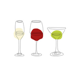 Set of wineglasses in line art style, continuous line drawing with abstract colorful shapes, minimalistic vector