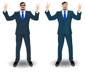 Man in a business suit demonstrates victory gesture