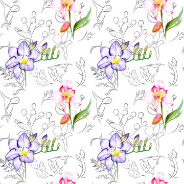 watercolor drawing of exotic flowers with contour - seamless pattern