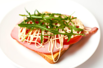 Sandwich of bread for toast, sturgeon, tomatoes, arugula, cheese and mayonnaise on a white plate in a side view