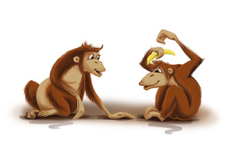 Monkeys in love. Flirting. Digital illustration, cartoon. Character designe