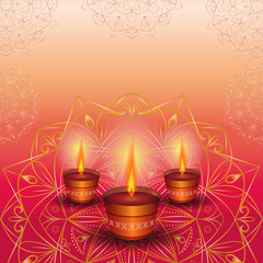 Three burning candles on a golden mandala. Background for holiday festival of lights Diwali.