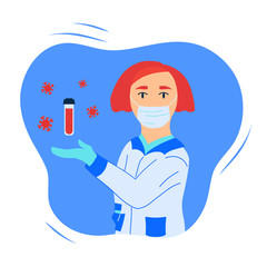 Lady doctor shows coronavirus blood test in tube. Design element for web, poster, brochure. Covid prevention and health care concept. Flat style vector illustration isolated on white.