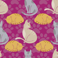 Cute cats seamless pattern on purple background with paw prints