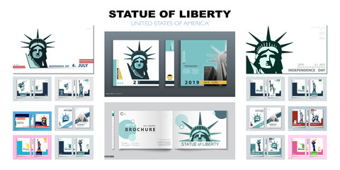 Statue of Liberty Set of brochure cover design template. Geometric multicolored flat design. New York. First page layout. Banner booklet, album poster. Annual report title. Ad text vector illustration © VASYL