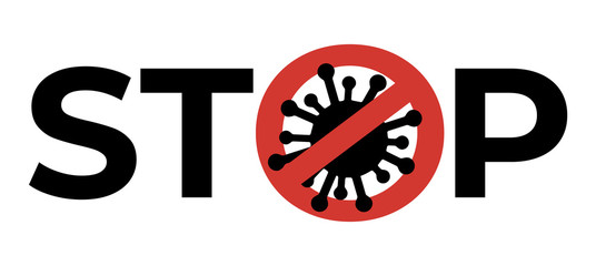 Banner with stop sign, crossed out virus at white background. Concept of world epidemy. Stop spreading virus pandemic. Sign caution covid-19. Prevention poster for website or app. Warning icon