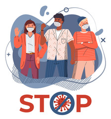 Young multinational people wearing face medical masks protesting against world epidemic at background of blue vector elements. Stop spreading coronavirus. Crossed out sign. Cartoon characters