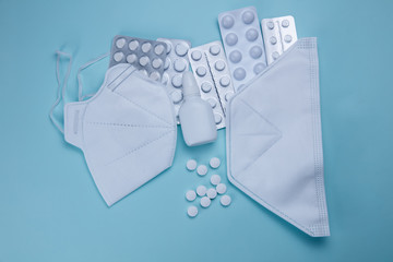 CORONAVIRUS concept flat lay on blue background