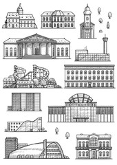 City map elements illustration, drawing, engraving, ink, line art, vector