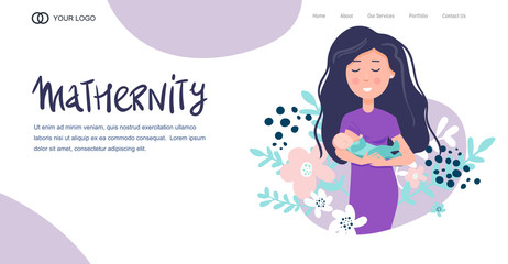 Beautiful mother is breastfeeding her newborn baby. Cartoon Flat vector of World Breastfeeding Week banner, landing page template. parent giving milk to infant via breast. Health and parenting concept