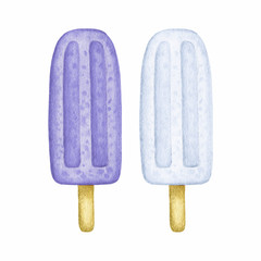 Watercolor ice cream (frozen juice) set. Hand drawn blue white popsicle, ice lolly with wooden stick. Summer sweet cold dessert. Design elements collection for design isolated on white background