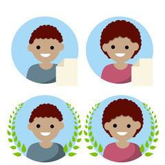 Set of avatars of man and woman in circle. New file icon. Guy and girl. Social network elements and applications. Happy face of character. Cartoon flat illustration. Green Laurel wreath of winner