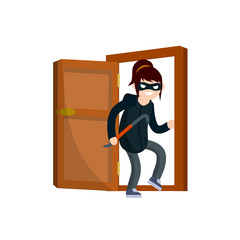 Thief with crowbar. Masked woman robber in black clothes broke down door of house. Problem of urban security. Cartoon flat illustration