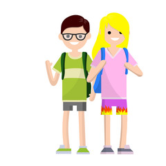 Couple in summer clothes. Students boyfriend and girlfriend with backpacks. Travelers man and girl. Communication friends. Cartoon flat illustration.