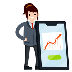 Businesswoman and big mobile phone. Woman in suit. Happy office worker. Modern technology. Flat illustration. Arrow business chart of successful growth.