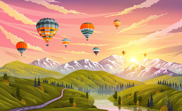 Colorful hot air balloons flying over mountain. Traveling, planning summer vacation, tourism and journey objects. Balloons in sky against backdrop of mountains with sunset or sunrise over green meadow