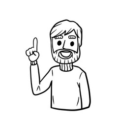 Bearded man points up. Finger and hand gesture. Young smiling guy. Hand-drawn illustration. Happy emotion. Warm sweater.