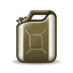 Green canister of engine oil or petroleum isolated on white. Container with fuel vector illustration in realistic style. Power and energy