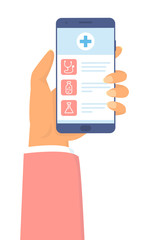 Person looking medical website at phone's screen. Monitoring diagnosis in the internet at mobile. Doctor appointment schedule in smartphone's app. Design of landing page of medical website