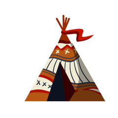Indian wigwam. Tent made of skins. Brown tepee. Tribal hut. Cartoon flat illustration. Home of native American