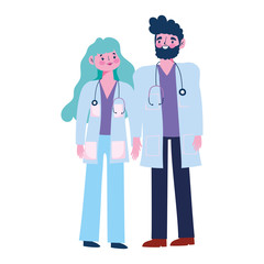 thanks you doctors, male and female physicians with stethoscope and uniform