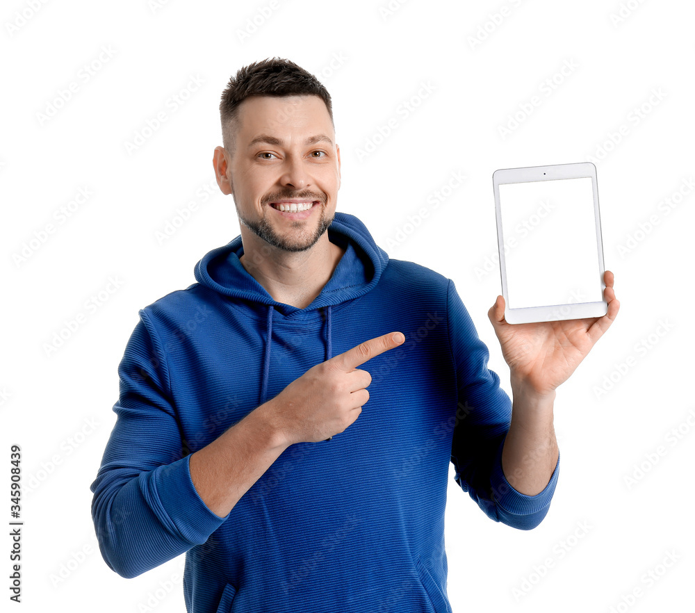 Poster handsome man with tablet computer on white background