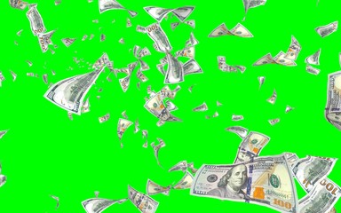 Flying dollars banknotes isolated on chromakey. Money is flying in the air. 100 US banknotes new sample. 3D illustration