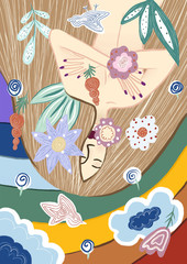 Bright illustration with a naked girl on a background of flowers and a rainbow. Beautiful dreamy woman in flowers, plants and clouds. Girl with long blond hair