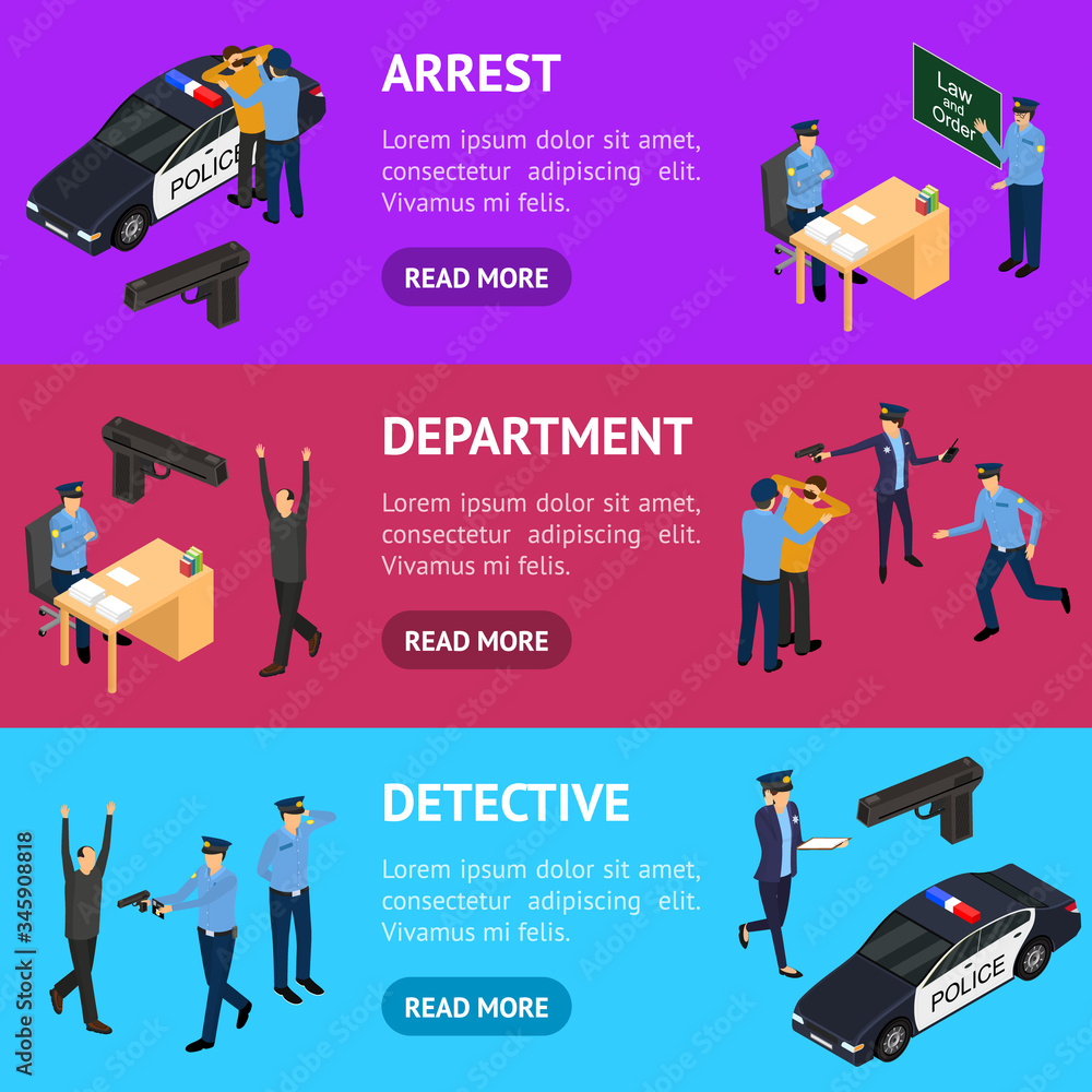 Poster character policeman in uniform concept banner horizontal set 3d isometric view. vector