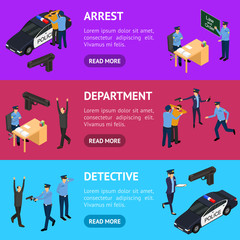 Character Policeman in Uniform Concept Banner Horizontal Set 3d Isometric View. Vector