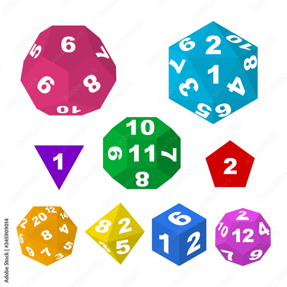 Poster color polyhedron dice with numbers. vector