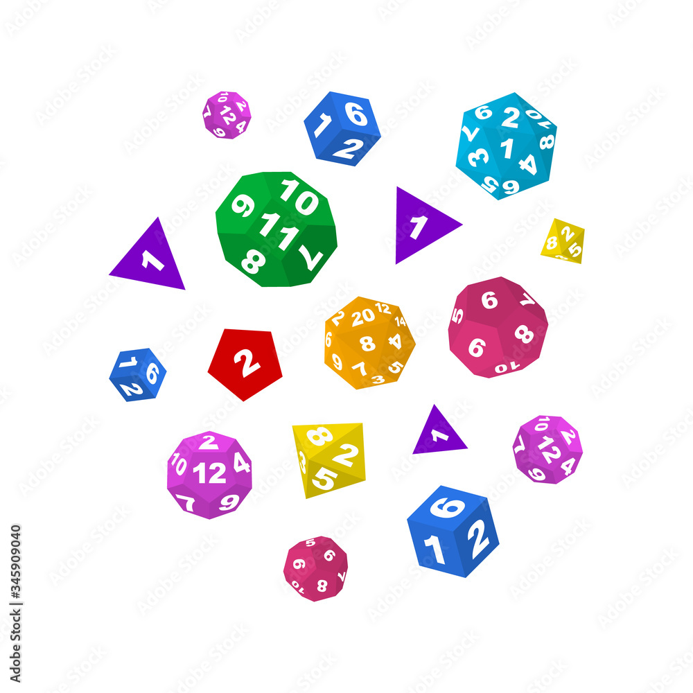 Aufkleber color polyhedron dice with numbers round design template. vector