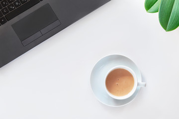 White workplace with laptop computer, cup of coffee latte and green plant, top view, flat lay, copy space