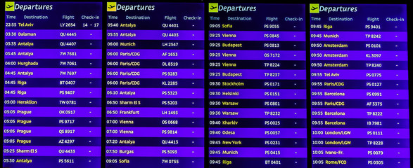 Airport terminal Board arrivals or departures dark blue widescreen